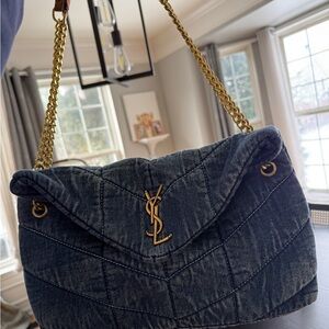 Yves Saint Laurent Denim Quilted Shoulder Bag with Gold Chain